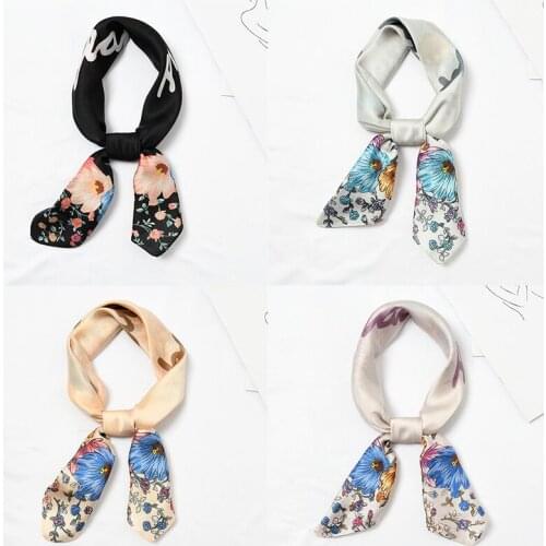Yishine Wholesale 20pcs 4 Colors Multifunction Letter Florals Women Satin Wraps Scarves Shawl Polyester Silk Scarf Handkerchief