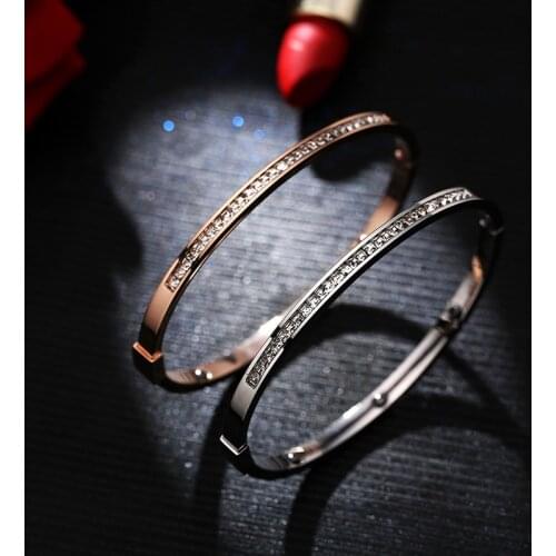 YUN RUO Fashion Brand Jewelry Gold Silver Color Luxury Full Zircon CZ Bangle Lover Cuff 316L Stainless Steel for Woman Not Fade