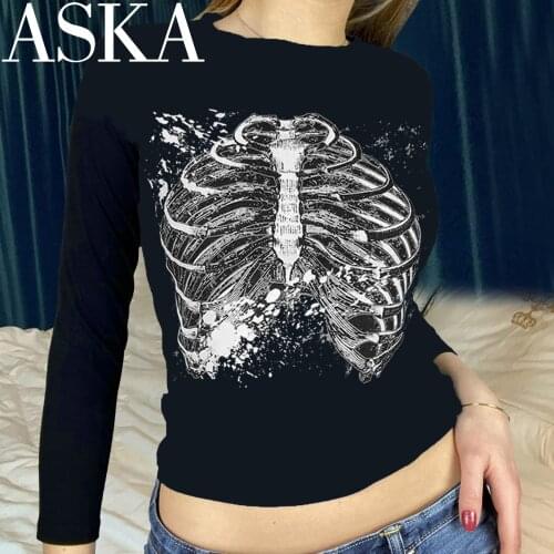 Aska Y2k T-shirt 90s black skull Printed Long Sleeve Top Blouse crop tops Womens grunge Tee Pulovers O-neck Cropped clothes top