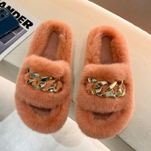 2021 Women Fur Slippers Fluffy Soft Furry Slides Thick Flats Heel Non Slip House Shoes Ladies Luxury Chain Design Footwear