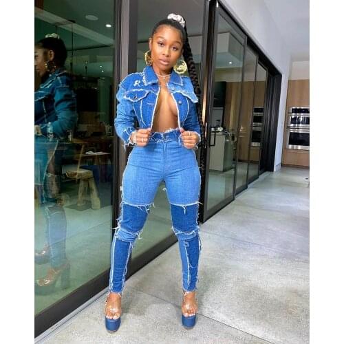 Echoine Winter Autumn Patchwork Short Denim Jacket and Denim Pants Two Piece Set Sexy Women Tassel Jeans Set Outwear Matching