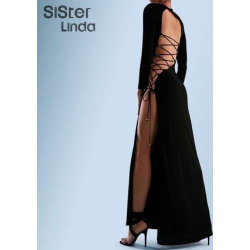 Sisterlinda Leopard Sexy Hollow Maxi Dress Women Long Sleeve Backless Bandage Vestidos Side Split Party Clubwear Bodycon Dresses