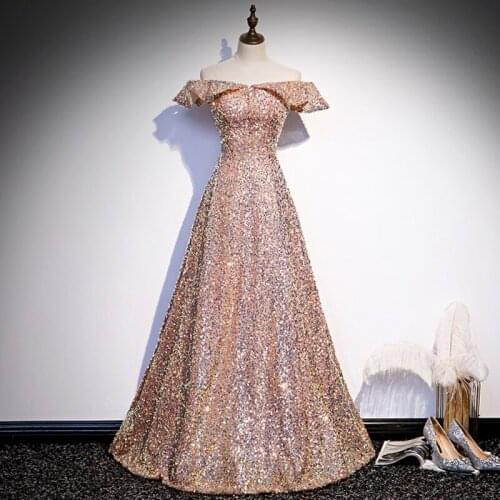 Boat Neck Evening Dress 2021 New Formal Evening Gown A-line Vintage Sequin Luxury Robe De Soiree Customize