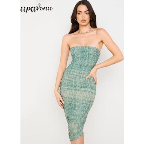 Free Shipping Strapless Draped Midi Dress 2021 Summer Women Sexy Mesh Patchwork Dress Skinny Celebrity Club Party Dress Vestidos