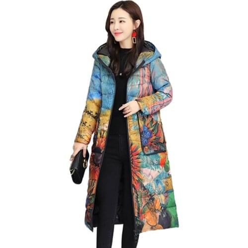 Winter Print Parkas Women 2019 Down jacket Plus size 5XL Thicken Warm Hooded Coat Female X-long White duck down Outerwear A3028