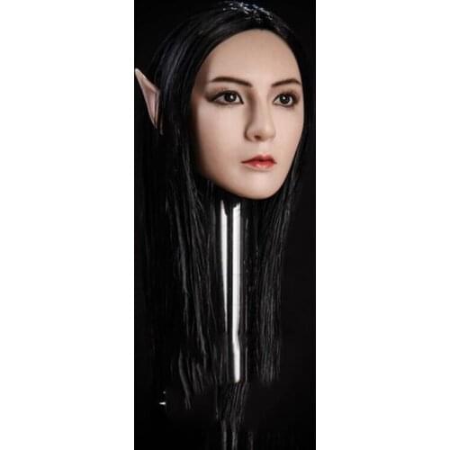 1:6 Female Head Carving Elf Girl Head Carved Black/Blond Hair Detachable Ears Sculpt Model for 12" Phichen Pale/Suntan Figure