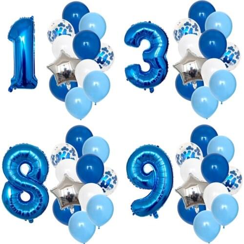 12Pcs/set Blue Number Foil Latex Balloons for Kids Birthday Party Decoration 1st One Year Birthday Boy Decor Baby Shower Balloon