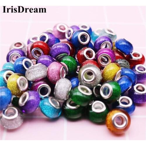 20PCS 14MM Big Hole Gold Powder Shining Resin Murano Beads Charms Fit For Original Pandora Bracelets Necklace Jewelry