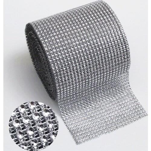 24Rows Bling Diamond Mesh Wrap Ribbon Silver Rhinestone Mesh Roll Home Party Decoration Mesh Roll Tape Tulle Crystal Tape Craft