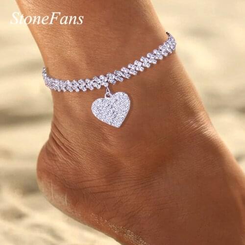 Stonefans Boho Double Layered Rhinestone Heart Anklets for Women Fashion Pendant Tennis Chain Ankle Bracelet Leg Summer Jewelry