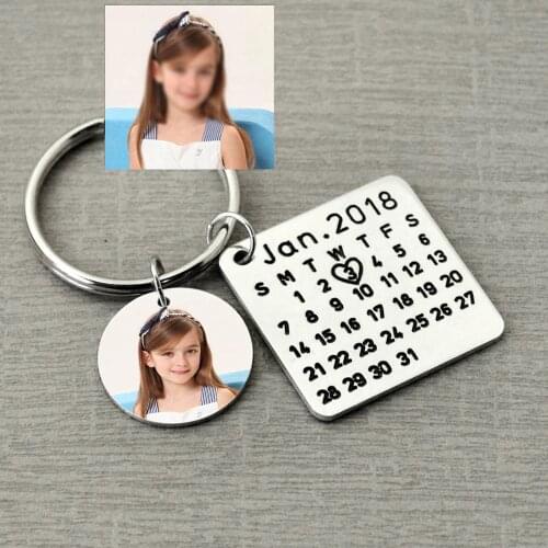 Personalized Calendar Photo Keychain,Customized Calendar Anniversary Date highlighted with heart,Engraved Fathers Gift for Dad