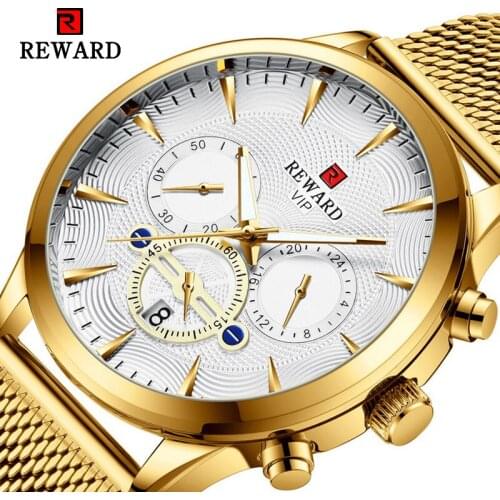 REWARD Mens Watch Quartz White Dial Date Display Mesh Band 2020 Luxury Golden Top Brand Business Watches Relogio Masculino