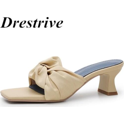 Drestrive Summer Fashion Slippers Chiffon Square Toe 2021 Thick High Heel Shoes Black Women Sandals Shallow Size 40