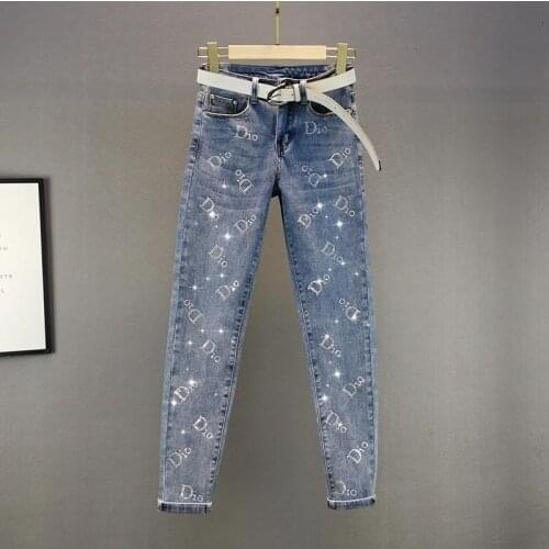 Jeans for Women Diamonds Letter Fashion High Waist Jeans Casual Plus size Stretch Jeans Female Blue Denim Pencil Pants 2020 New