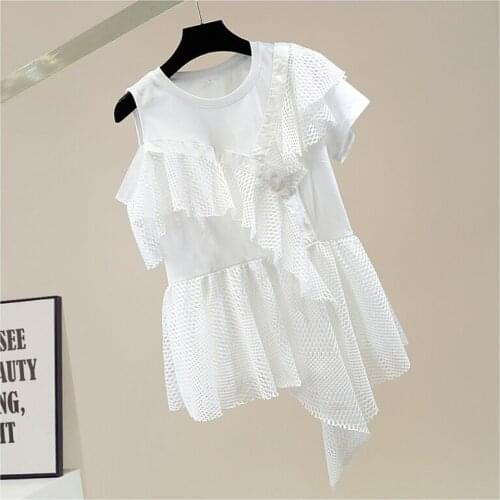 T Shirt Women Fashion Irregular Sweet Lace Ruffled Patchwork Off-Shoulder All-Match T-Shirts Tops White Black Camisetas De Mujer