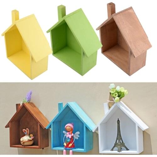 Living Room Wooden House Shaped Shelving Display Unit Wall Hanging Box Storage Home Craft Decoration Yellow/Green/Coffee