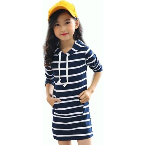 Summer Girls Dress Slim Striped Dress For Girls Cotton Hooded Children Dress Girl Casual Teenage Girls Clothes For 6 8 10 12 14
