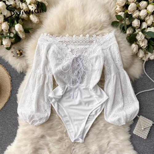 Syiwidii Jumpsuit Women Sexy Off Shoulder Lace Up Bodysuits 2021 Summer New Hollow Out Puff Sleeve High Waist Romper Black White