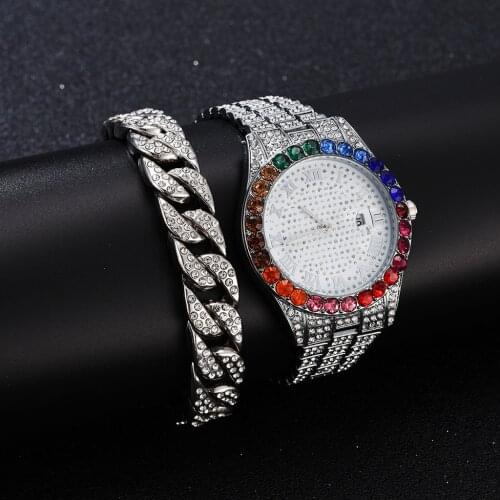 Watch with Bracelet for Men Cuban Chain Bracelet Iced Out Watch for Men Luxury Hip Hop Colourful Watch Men Set Religio Masculino