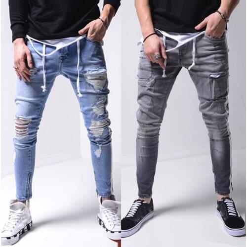 Men Ripped Jeans Slim Fit Side Stripe Destroyed Frayed Gray Skinny Jeans Men Fashion Ankle Zipper Distressed Denim Pencil Pants