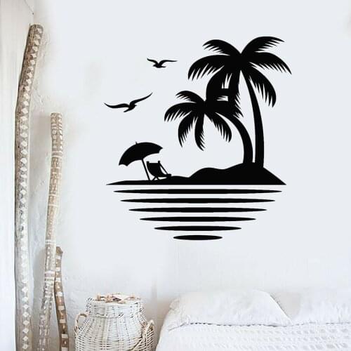Wall Decal Palm Tree Seagulls Beach Relax Travel Ocean Vinyl Window Sticker Home Decor Bedroom Seaside Restaurant Mural S1191