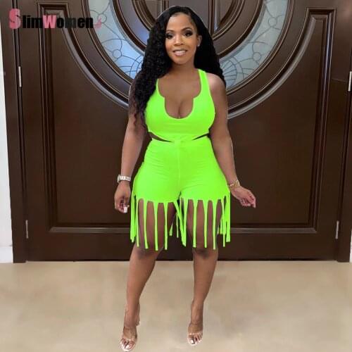 Neon Cut Out Tassel Sexy Beach Shorts Set Women Tank Top Fashion Shorts Summer 2 Piece Fluorescent Green Bodycon Matching Set