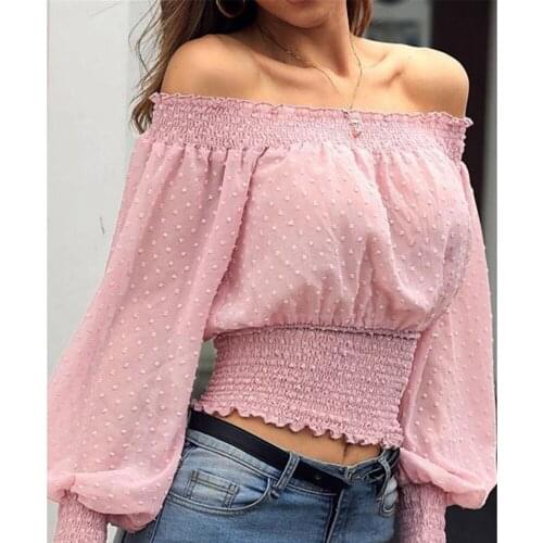 New Womens Autumn Off Shoulder Bodycon Ladies Tops Bubble Long Sleeve T-Shirt Chiffon Tops