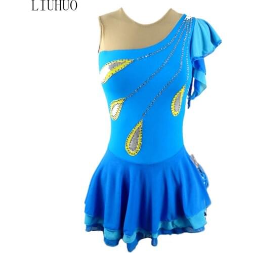Figure Skating Dress Blue Long Sleeves Rhinestones Peacock Sleeveless Splice Ice Skating Roller Skating Ballet Dress