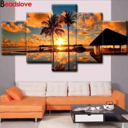 Full Drill Square Round Diamond Paintings 5 Pieces Sunset Seascape Diamond Mosaic Landscape Diamond Embroidery Cross Stitch kits