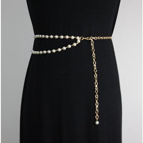 Multi layer metal waist chain dress belt womens metal belt artificial pearl waist chain Sterling Silver Round White Simulated