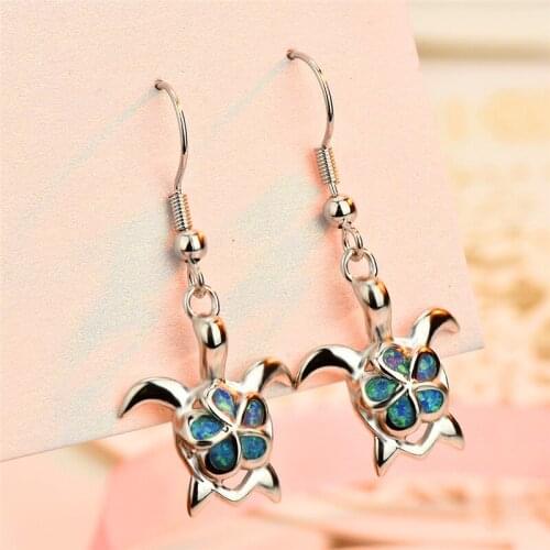 925 Sterling Silver Filled Cute Animal Turtle Drop Earrings For Women Plum Flower Tortoise Pear Cut Blue Fire Opal Earrings Gift