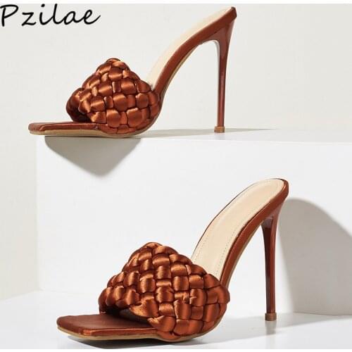 Pzilae NEW Sexy Satin Braid Square Head High Heels Slippers Sandals Summer Fashion Slip On Open Toe Slides Women Mules Party