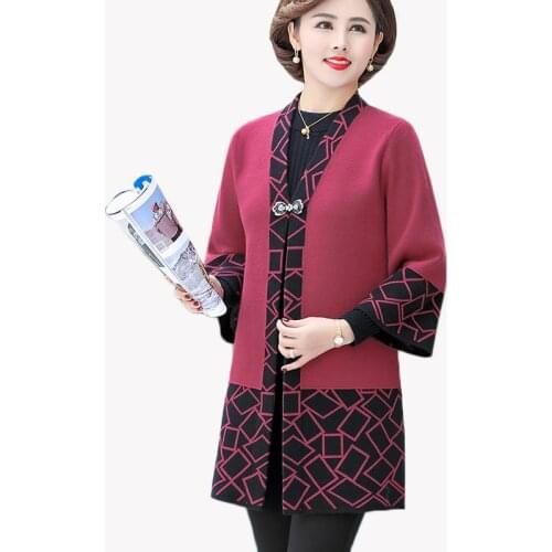 Middle-aged Women Sweater Cardigan Plus Size M-3XL Sweater Coat Spring Autumn Female Mid Long Knit Coat Sweater Cardigan Jacket