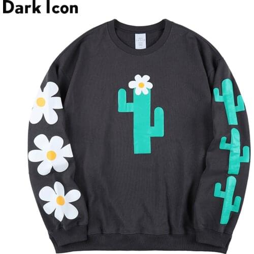 Dark Icon Cactus Daisy Oversized Men Women Sweatshirt Crew Neck Hipster Mens Sweatshirts Grey Khaki