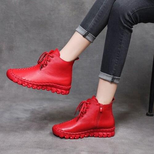 Women Shoes Handmade Genuine Leather Women Shoes Fashion Casual Sneakers Retro Flats Ladies Lacing Loafers Casual Shoes