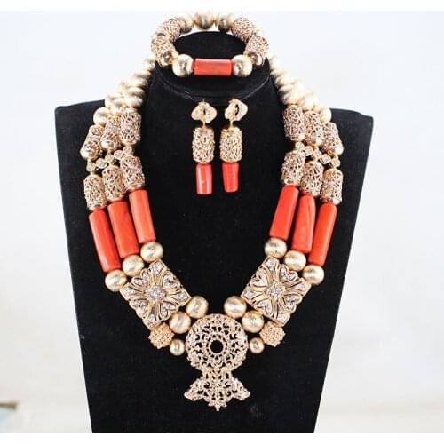Fabulous Chunky Bib Wedding African Coral Beads Jewelry Set Gold Dubai Bridal Statement Coral Necklace Set Gift CNR053
