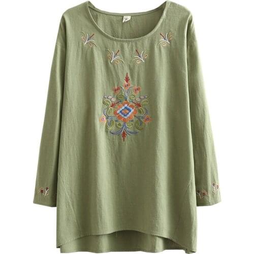 Woman Autumn T-shirt Ladies Embroidery Tops Female Long Sleeve Tshirt Loose Cotton Linen Oversize Clothing J8 611