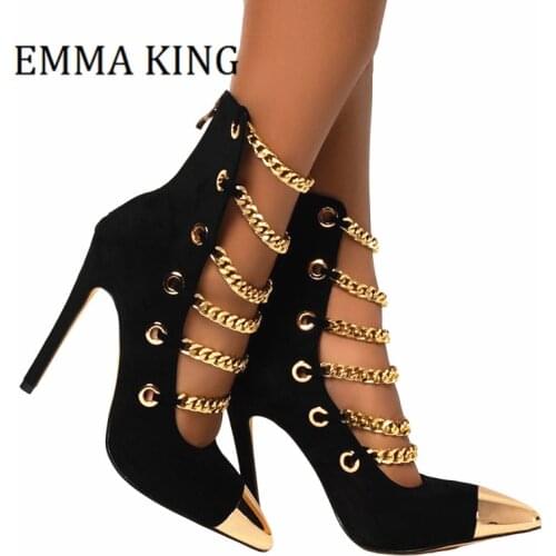 Women Golden Chain Link Gladiator Ankle Boots Black Faux Suede Leather Stiletto Bootie Pumps Ladies Sexy Pointed Toe Dress Shoes