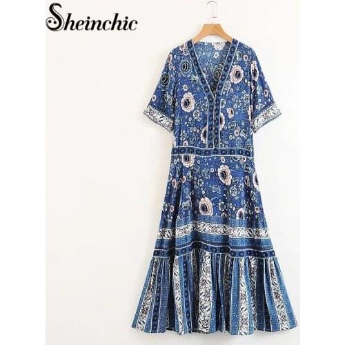 Vintage Blue Floral Printed Long Dresses for Women Summer 2021 Bohemian V-neck Short Sleeve Vestidos De Mujer Casual Loose