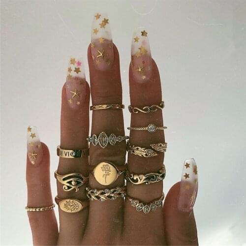 13 Pcs/Set Bohemian Gold Crystal Rings Carving Moon Sun Flower Eyes Leaf Rings Set Charm Lady Jewelry Gifts