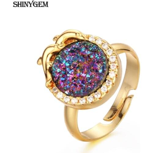 ShinyGem Trendy Natural Round Crystal Druzy Stone Rings Female Inlay Zircon Gold Plating Dolphin Adjustable Size For Women Gift