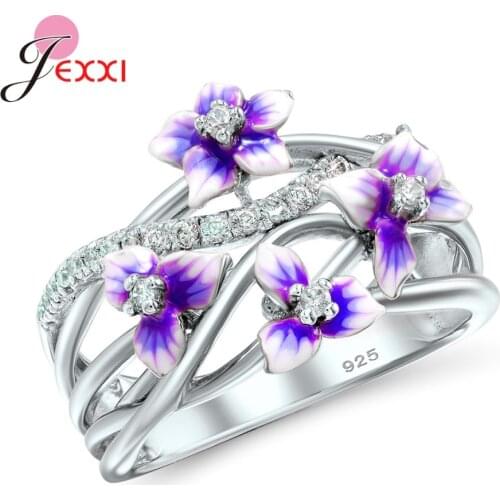 High Quality Hollow Violet Flowers 925 Sterling Silver Rings for Women Exquisite Gradient Flower Rings Party Wedding Jewelry