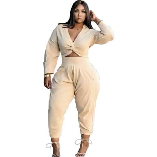 Two Piece Set Women Top And Pants Solid Color Plus Size Elegant 2021 Autumn Winter Streetwear 2 Piece Set Casual Women Sets