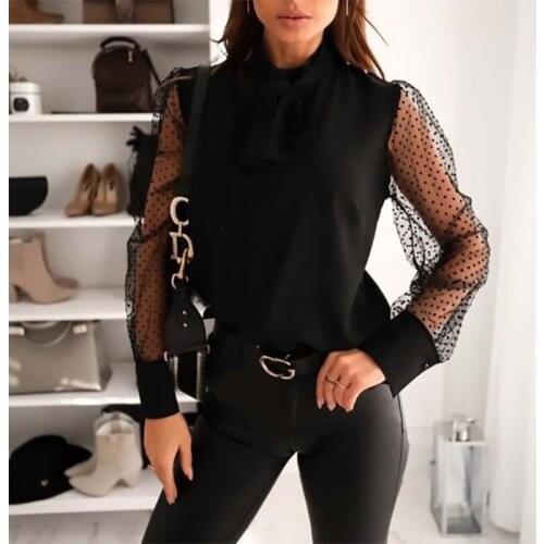 Summer Blouse Womens Clothes Casual Fashion Bow Collar Mesh Long Sleeve Elegant Office Ladies Shirts Plus Size Tops And Blouses
