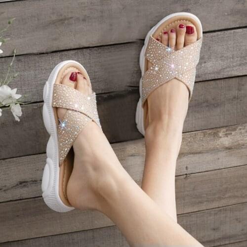 Fashion Womens Shoes Summer Outdoor Rhinestone Slippers Womens Casual with Soft Bottom Indoor Comfortable Beach Shoes N1-25