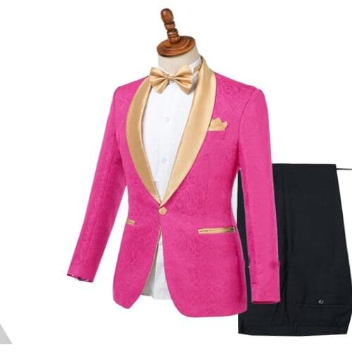 Mens Suits Jacquard Wedding Tuxedos Shawl Lapel Slim Fit Prom Groomsmen Suits 2 Pieces Fuchsia Suits for Man (Blazer+Pants)