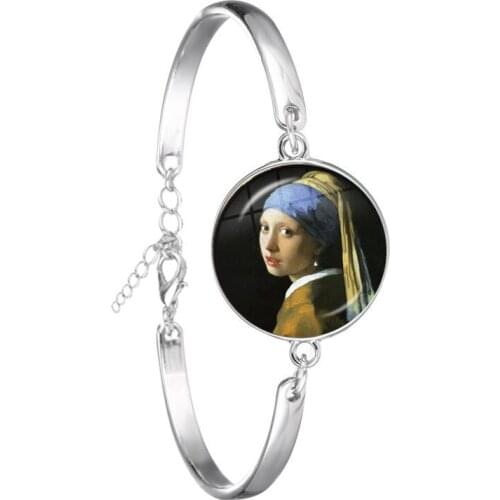 Girl Wearing Pearl Johannes Vermeer Art Pendant Bracelet Silver Color Bangle Art Picture Jewelry for Women Gift