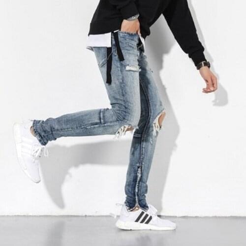High Street Hole Ripped Jeans for Men 2020 Classic Washed Slim Fit Side Zipper Trousers Autumn Retro Beggar Pants Men Streetwear