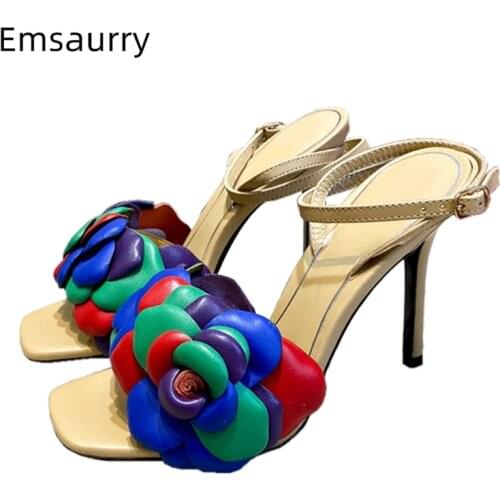Genuine Leather Handmade Flower Sandals Women Stiletto Heel Ankle Strap Concise Summer Party Sandalias De Mujer