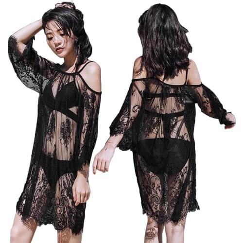 Sexy Women See Through Tulle Cold Shoulder Coverup Sunscreen Dress Bikini Cover